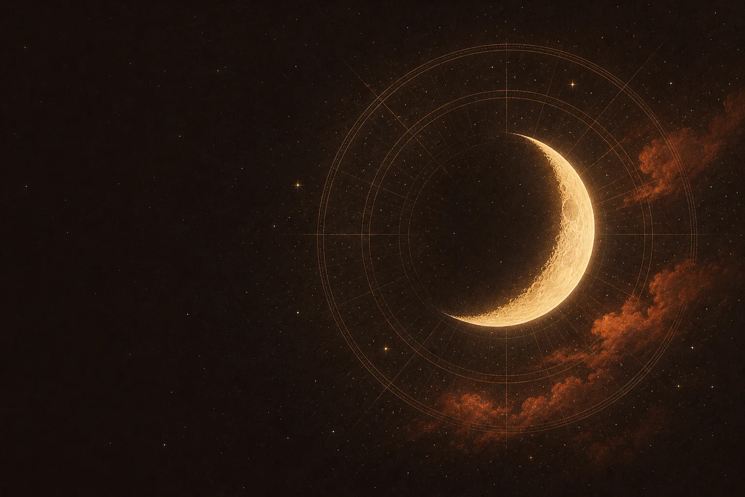 Luna crescente dorata in un cielo stellato con la ruota astrologica disegnata in oro
